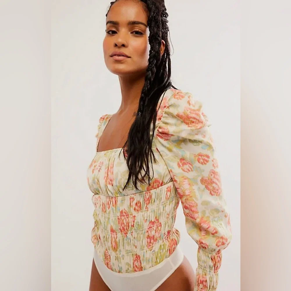 Free People Intimately Smock It To You Bodysuit size Medium Floral Ivory Smocked - Picture 2 of 15